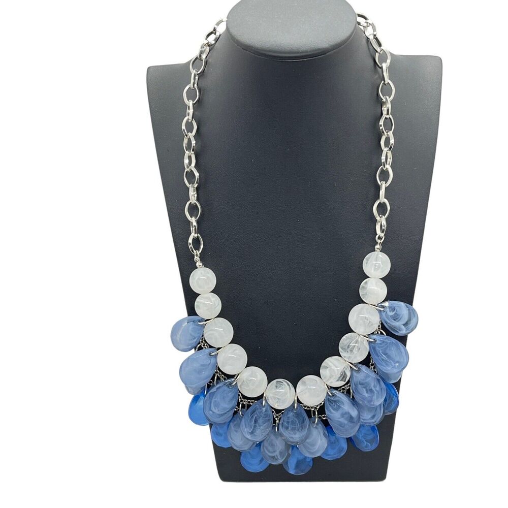 Bib Necklace Briolette Blue Cloudy White Silver Tone Statement Fashion Lobster